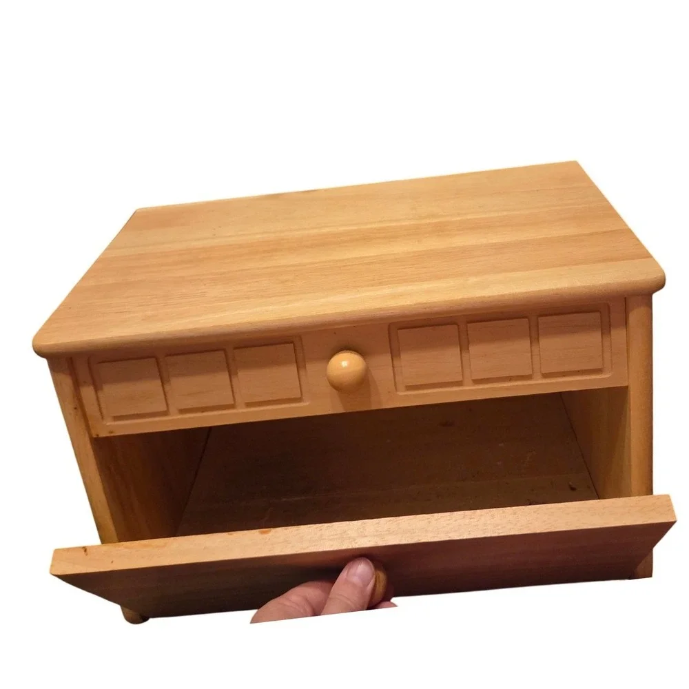 Preferred Stock Wooden Bread Box Kitchen Storage Natural Wood Carved Detail